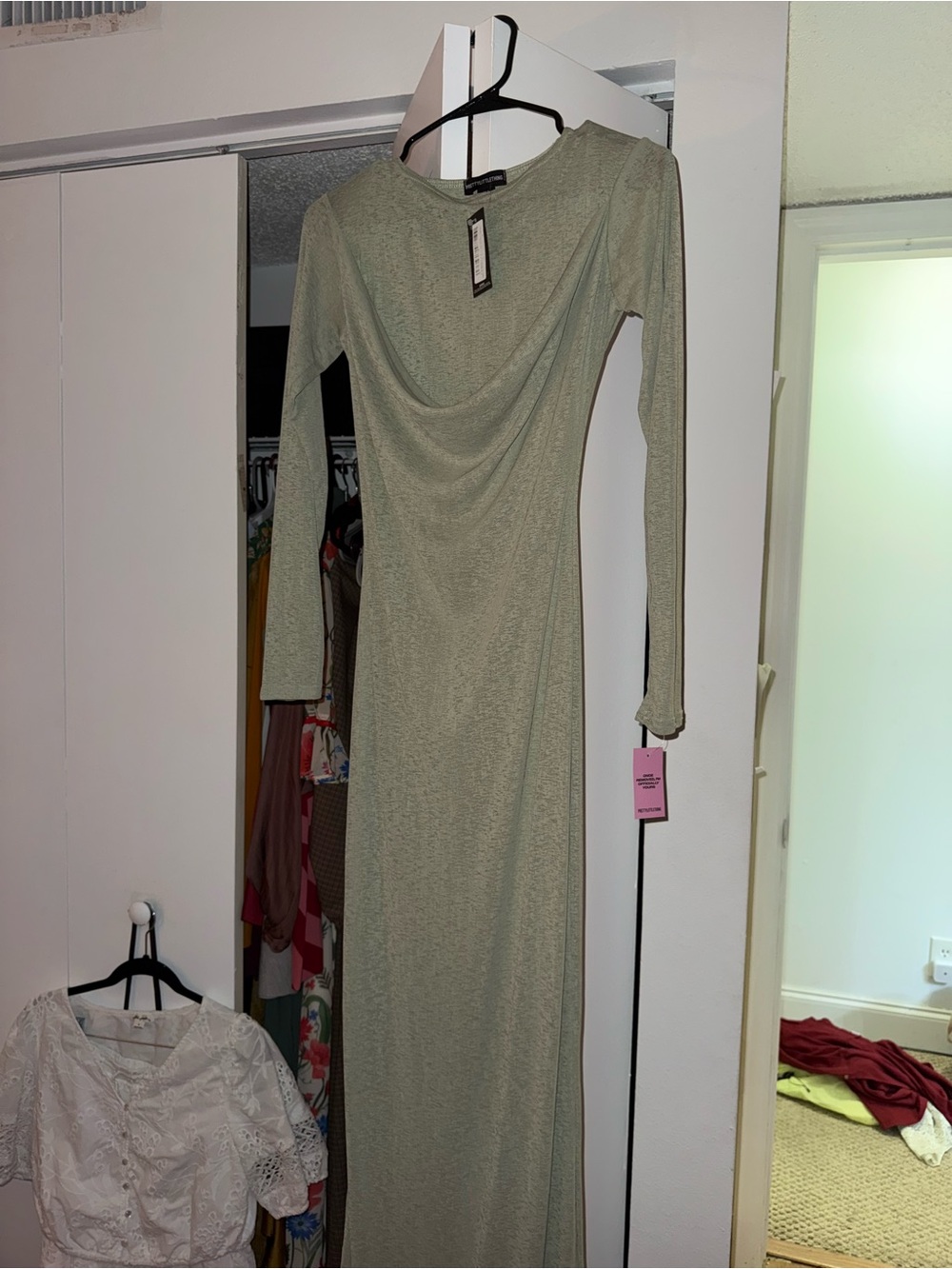 PrettyLittleThing Sage Green Long Sleeve Draped Maxi Dress